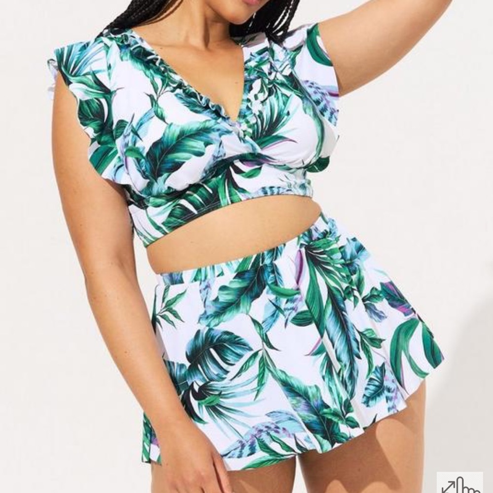 TORRID High-Rise High-Low Swim set Cropped Top & Skirt Brief Susie Tropical Zs 2